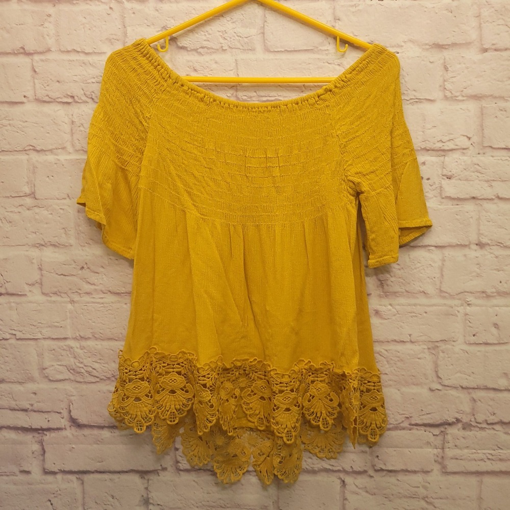 Rue 21 Lace Hem Smocked Top Womens S Mustard Yellow Flowy Cottage Summer Boho